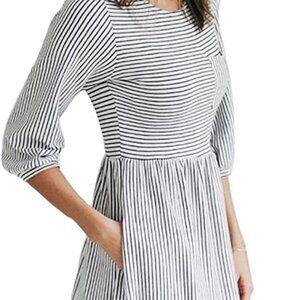 Pocket Tee Dress Striped Midi High Waist Stretch Balloon Sleeve White Black NEW